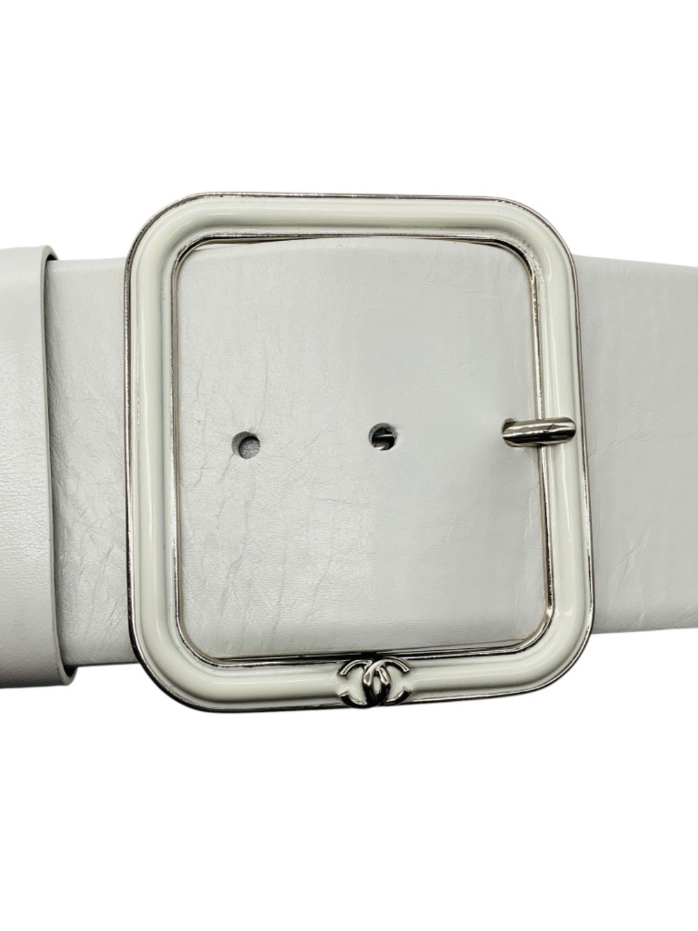Chanel 2019 White / Silver CC Logo Genuine Calfskin Leather Wide Belt - Picture 4 of 7